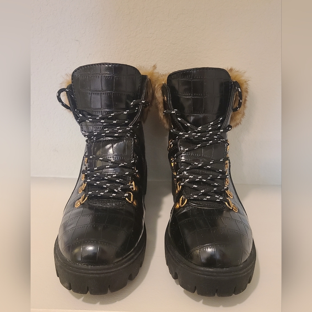 Black Faux Fur Lace-Up Boots